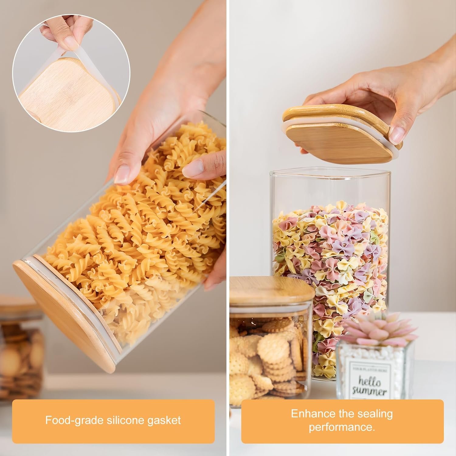 factory direct glass storage jars 6 pack -50oz (10cmx20cm)clear glass food storage containers with airtight bamboo lid stackable kitchen canisters for candy,cookie,rice,sugar,flour,pasta,nuts and spice jars(square) oem/odm services