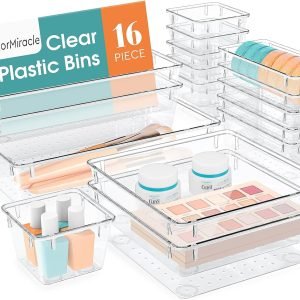 factory direct 16 pcs drawer organizer set, 5 varied size bathroom and kitchen drawer cabinet organizer trays, clear storage bins for makeup, jewelry, utensils and gadgets oem/odm services