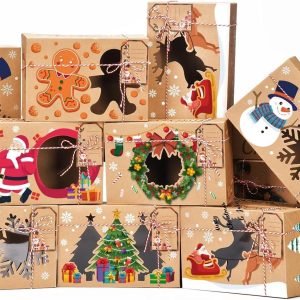 trade price mooray 24 pack christmas bakery treat cookie boxes with window, bakery xmas treat boxes, candy and cookie boxes for gift giving, christmas kraft gift boxes with ribbons and diy gift tags wholesale supplier