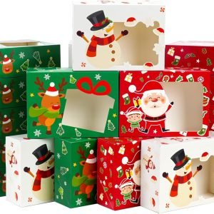 manufacturer direct moretoes 24pcs 8.25x6x2.75in christmas bakery cookie boxes with window, xmas treat boxes for holiday party favor pastries, cupcakes, cookies, donuts, gift wrapping supplier direct