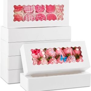 trade price 30 pack auto pop-up cookie boxes with window, 12.5" x 5.5" x 2.5" white bakery boxes treat boxes for chocolate covered strawberries, cake pops, donuts, cocoa bombs, sugar cookies, pastries wholesale supplier
