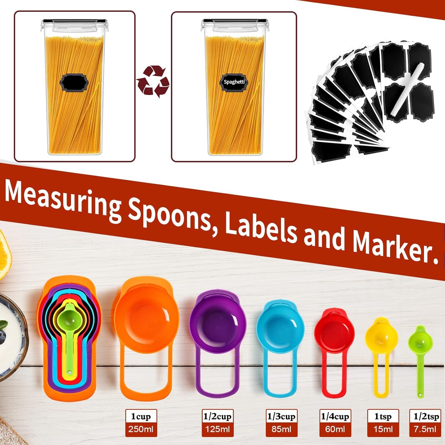 factory direct praki 30 pack airtight food storage containers for kitchen pantry organizers and storage, plastic kitchen storage canisters with lids,cereal, flour & sugar containers - labels, 6 spoon & marker oem/odm services