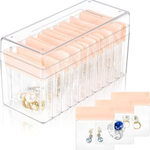 buy in bulk acrylic jewelry box,clear jewelry organizer with 15 eva portable anti oxidizing zipper bags,travel jewelry case for earrings/ring/necklace women source from factory