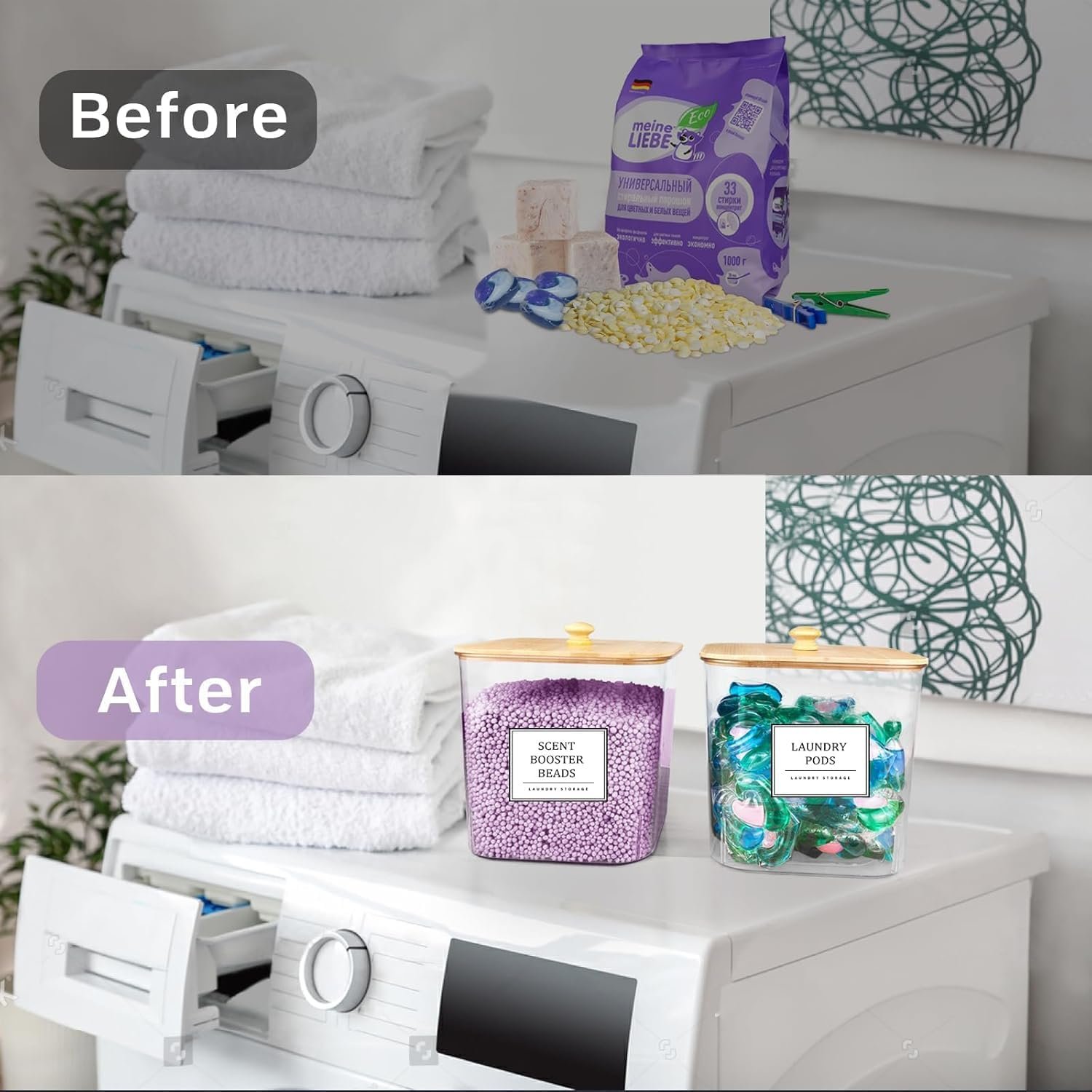 factory direct 3+1 pack laundry pods container,clear laundry room organization containers,large laundry detergent powder storage containers with bamboo lids & labels,laundry pods holder for scent booster,powder,pods oem/odm services