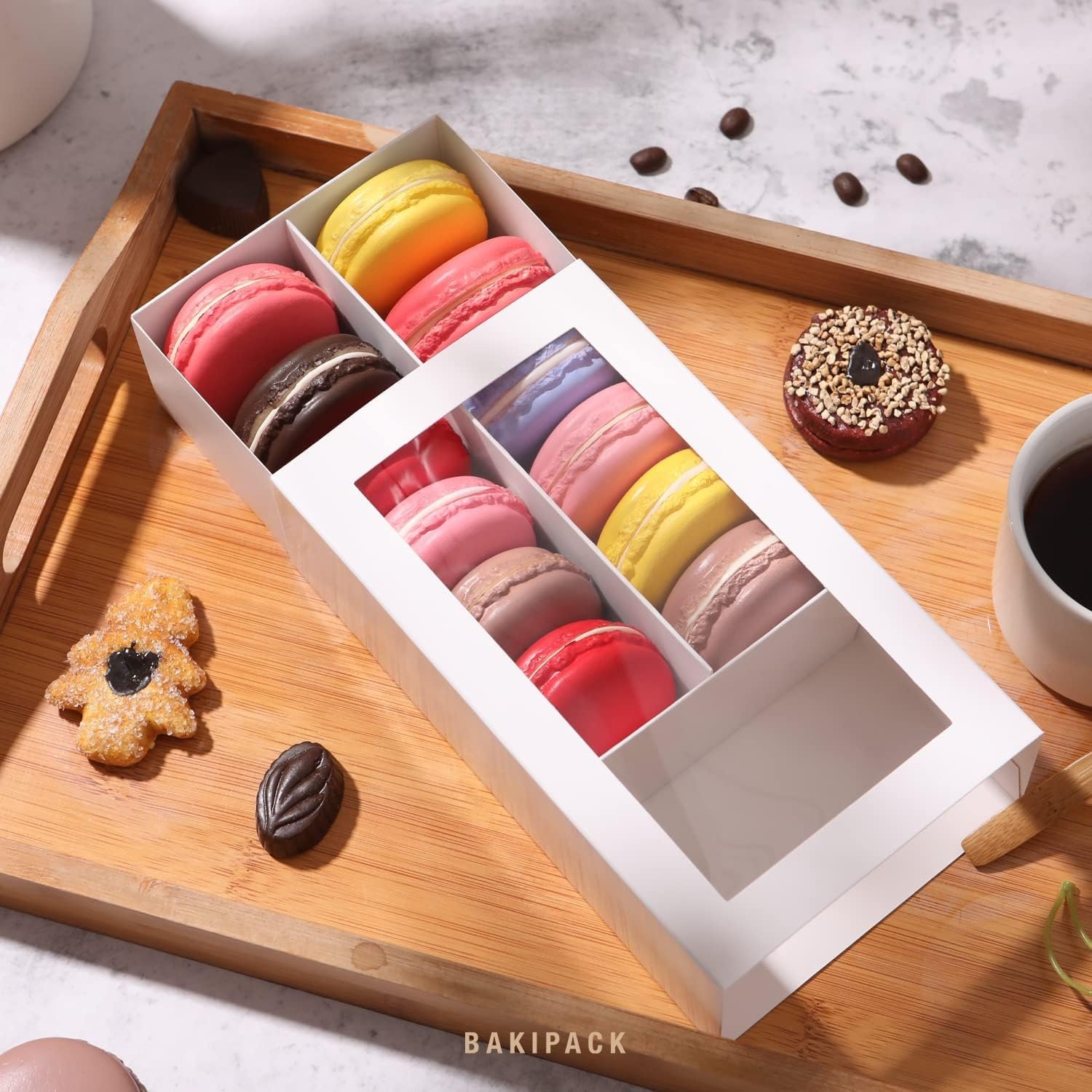 trade price 15 macaron boxes, macaron gift box for 12 (interior measurement 7.3×4.2 ×1.9 inches), macaron packaging boxes with clear window white without macarons inside wholesale supplier