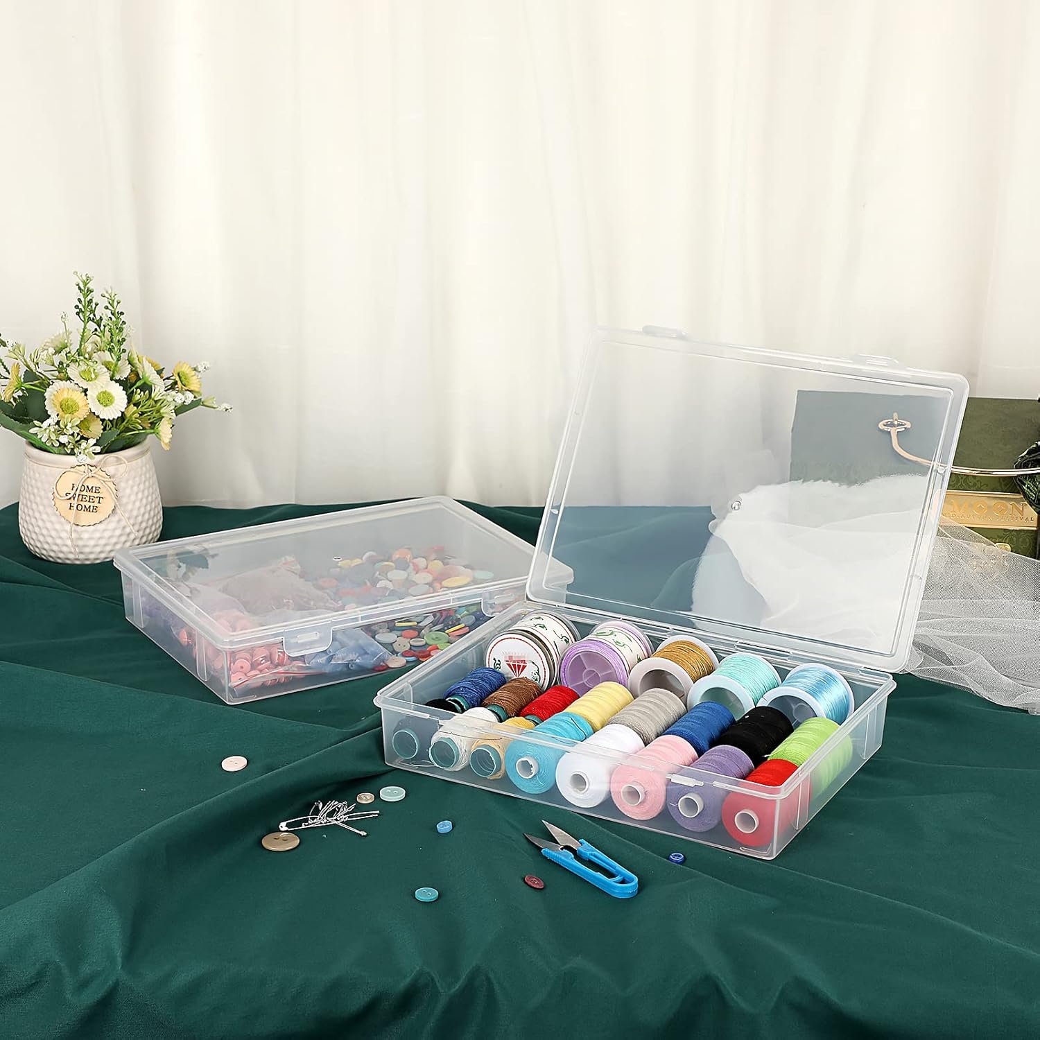 factory price btsky clear plastic storage box with flap lid, multipurpose craft organizers and storage box art supply storage organizer plastic sewing box for beads pencils notebooks, 2 pack medium volume discount