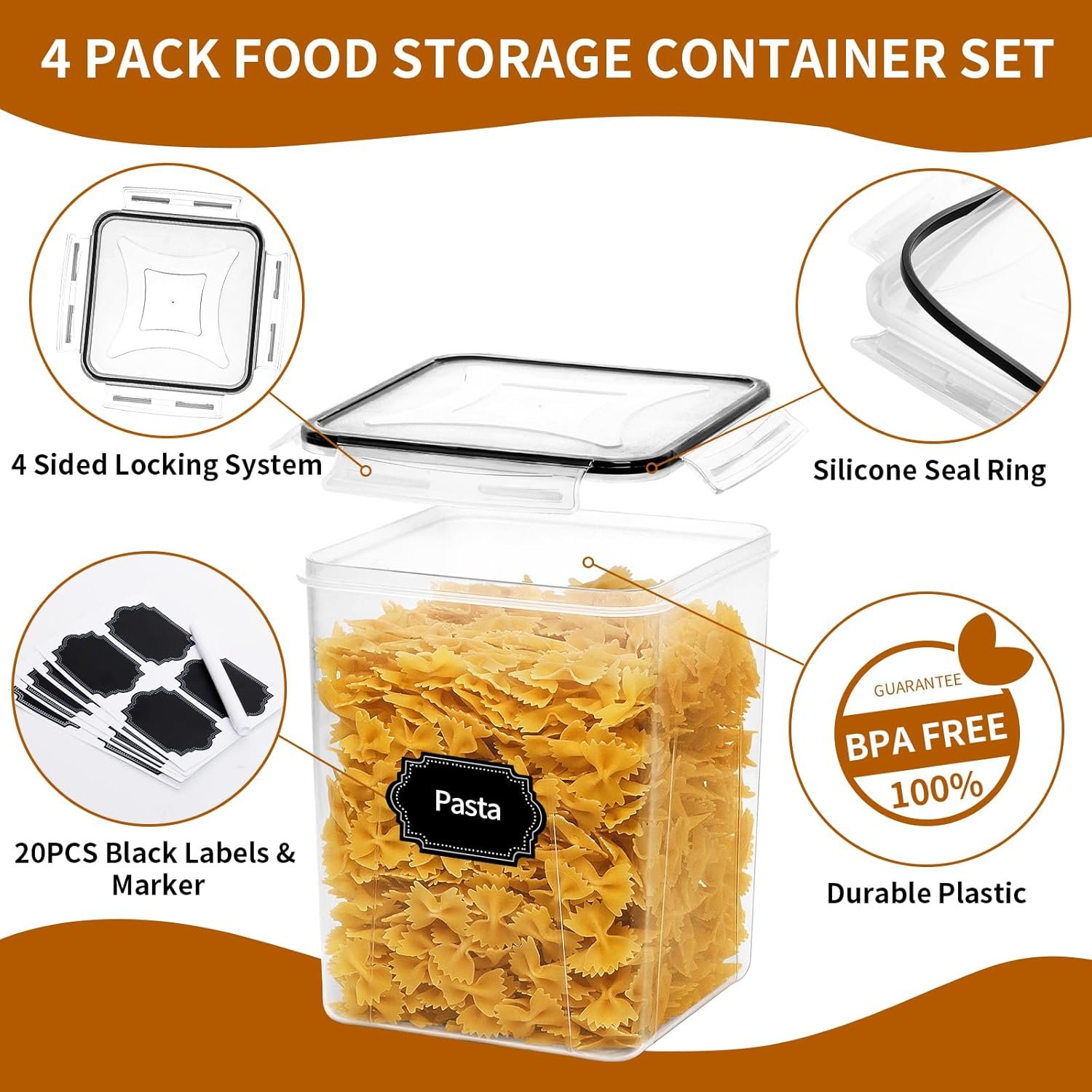 factory direct 4 pack large airtight food storage containers with lids (5.2l / 176oz), bpa free plastic kitchen and pantry organization contianers for cereal flour and sugar storage - labels & marker oem/odm services
