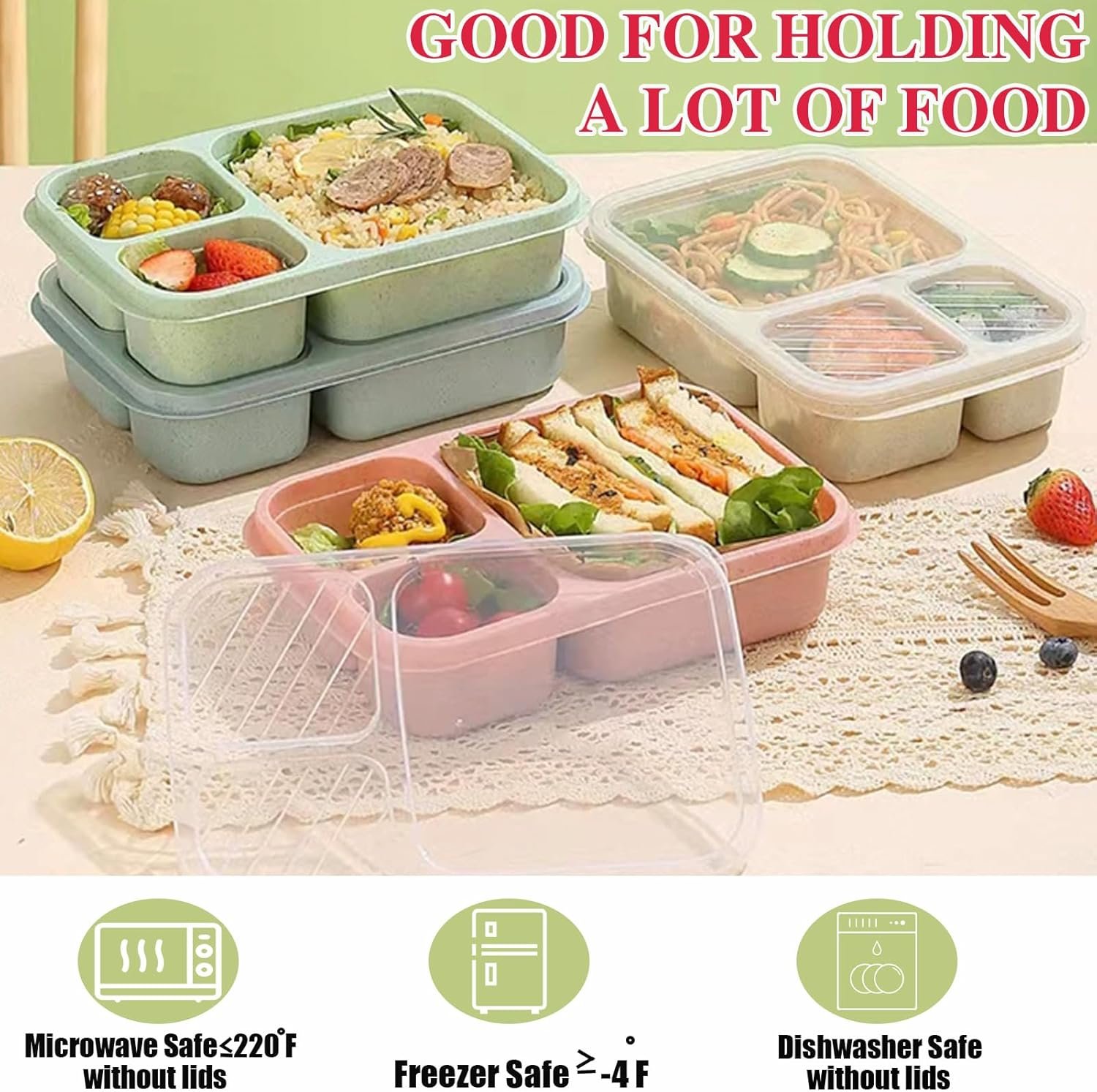 factory price 12 pack bento box, 3 compartment lunch box containers, wheat straw reusable food storage containers, freezer microwave and dishwasher safe snack containers for work school and travel volume discount