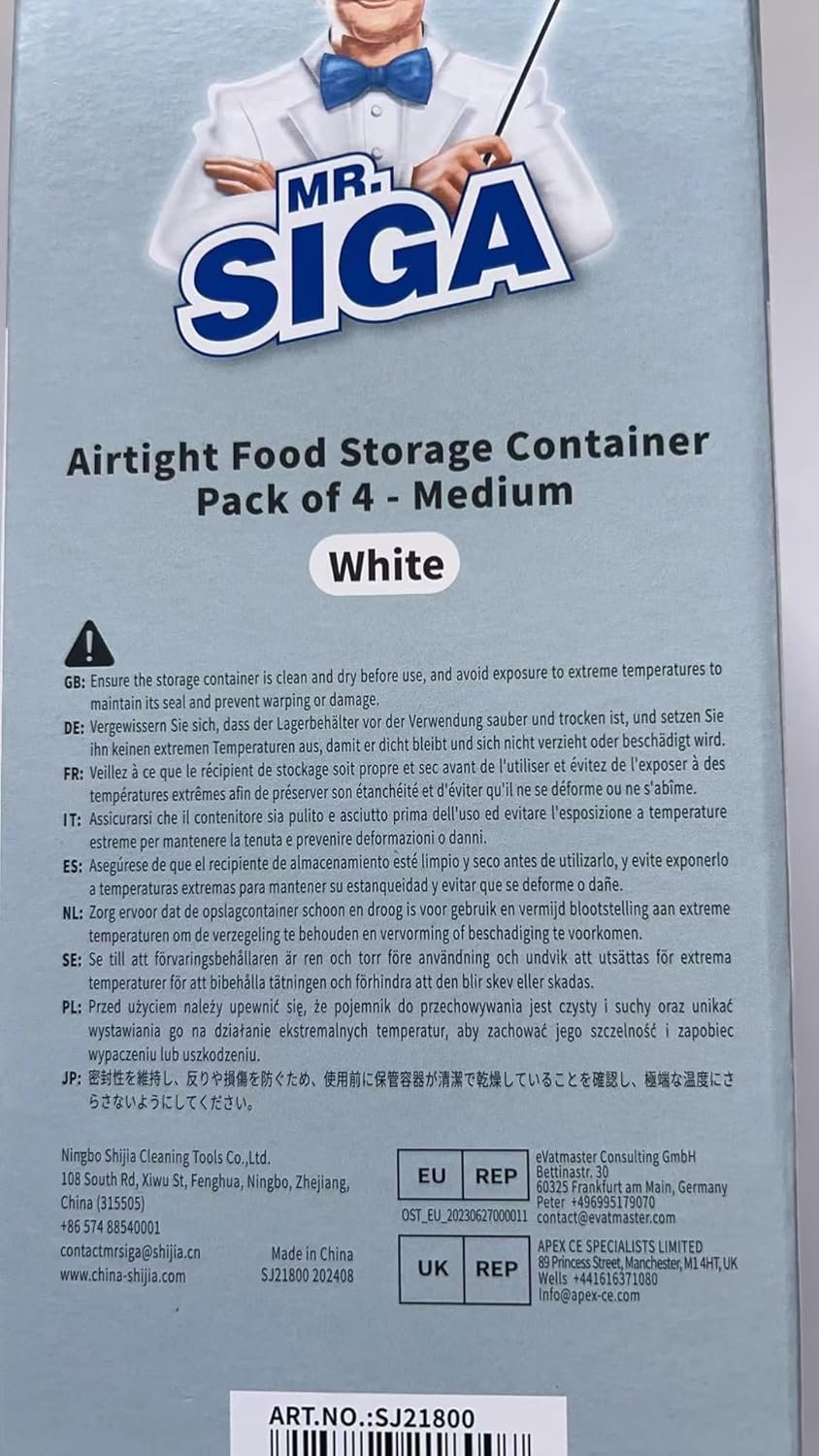 factory direct mr.siga 4 pack airtight food storage container set, bpa free kitchen pantry organization canisters with one-handed leak proof lids, 1l / 33.8oz, medium, white oem/odm services