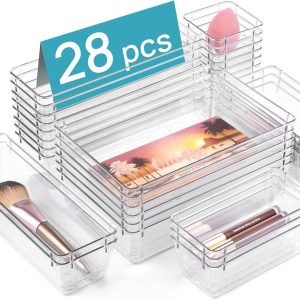 factory direct vtopmart 28 pcs clear plastic drawer organizers set, 4-size bathroom and vanity drawer organizer trays, acrylic storage bins for makeup, cosmetic, kitchen utensils, tool organizer for gadgets oem/odm services