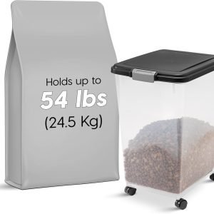 factory direct iris usa airtight dog food storage container, up to 54 lbs, attachable wheels, for dog cat bird and other pet food storage bin, keep fresh, translucent body, easy mobility, black oem/odm services