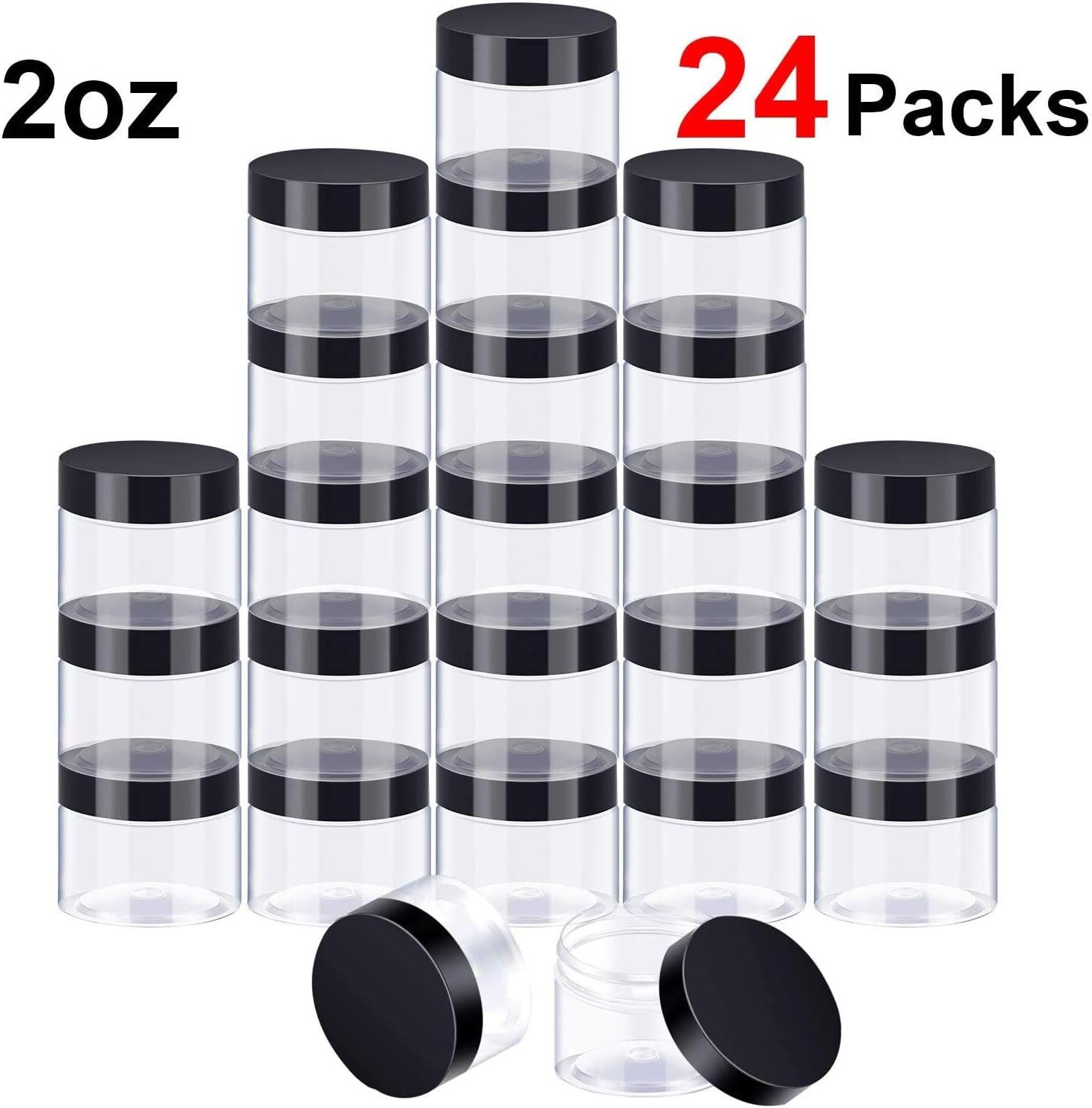 factory direct satinior 24 pieces empty clear plastic jars with lids round storage containers wide-mouth for beauty product cosmetic cream lotion liquid butter craft and food (black lid, 2 oz) oem/odm services
