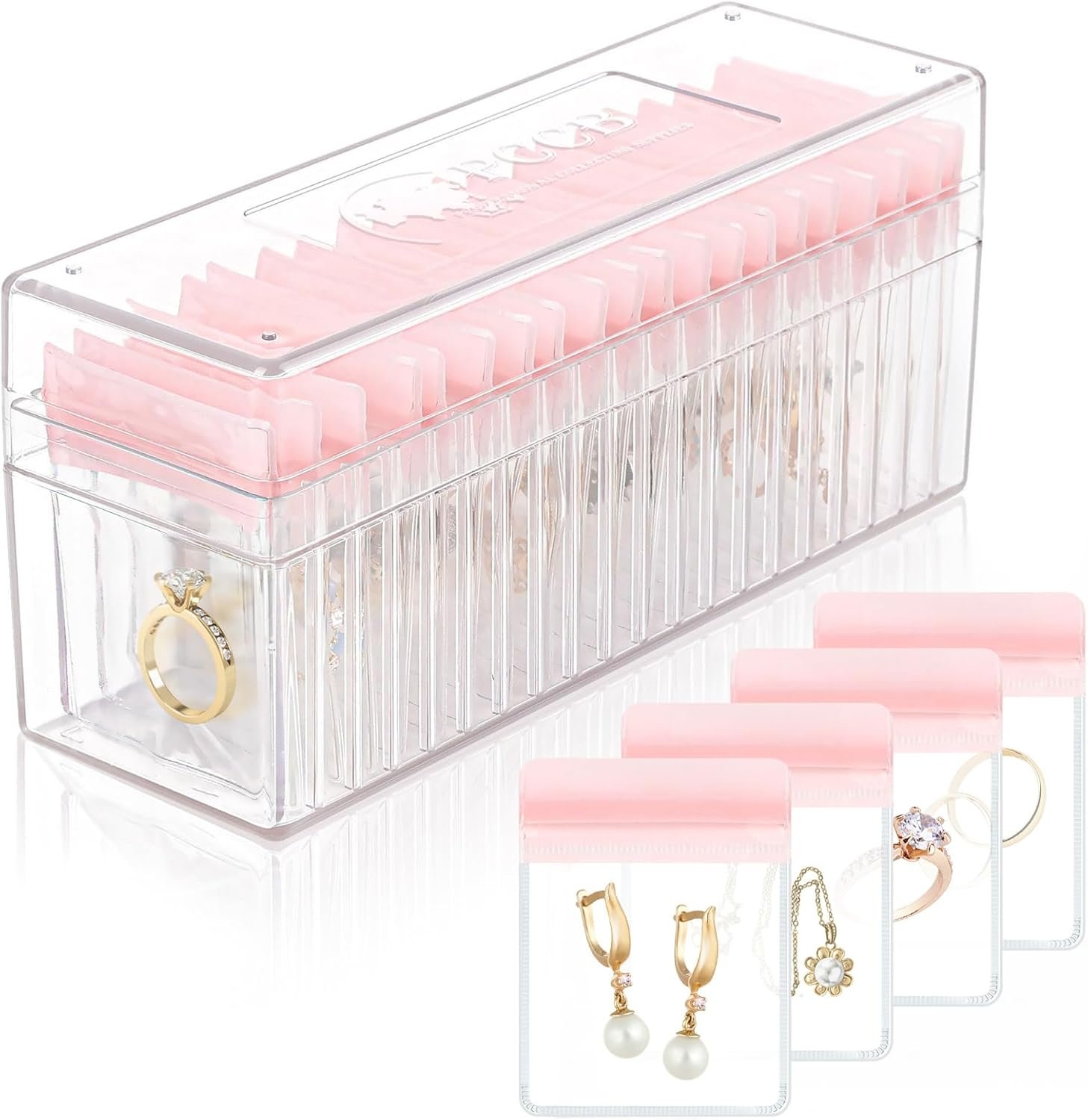 buy in bulk acrylic jewelry organizer with 20 anti-tarnish pvc bags, clear jewelry box for earrings, rings, necklaces, portable travel jewelry case for women, dustproof and waterproof, pink source from factory