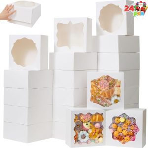 trade price joyin 24 pcs 10’’ x 10’’ x 5’’ christmas cake cookie boxes, 6 designs bakery pastry boxes set with window for gift giving, xmas holiday birthday brownie, donut, truffle white cardboard treats boxes wholesale supplier