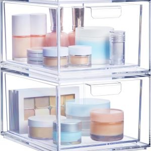 buy in bulk stori audrey stackable clear bin plastic organizer drawers | 2 piece set | organize cosmetics and beauty supplies on a vanity | made in usa source from factory