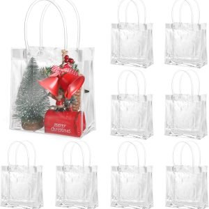 trade price besarme 30 pack clear gift bags with handle, reusable plastic bags small gift wrap tote bags candy bags for wedding birthday halloween fall party favors(6.3" x 5.9" x 2.8") wholesale supplier