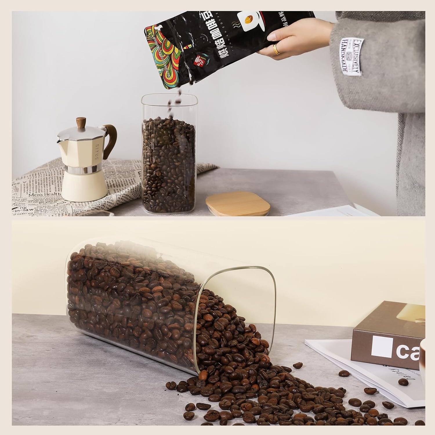 factory direct 50oz glass food storage jars set of 6,glass storage containers clear glass food canister with bamboo lid airtight for serving tea, coffee, flour, sugar, candy, cookie, spice and more (square) oem/odm services