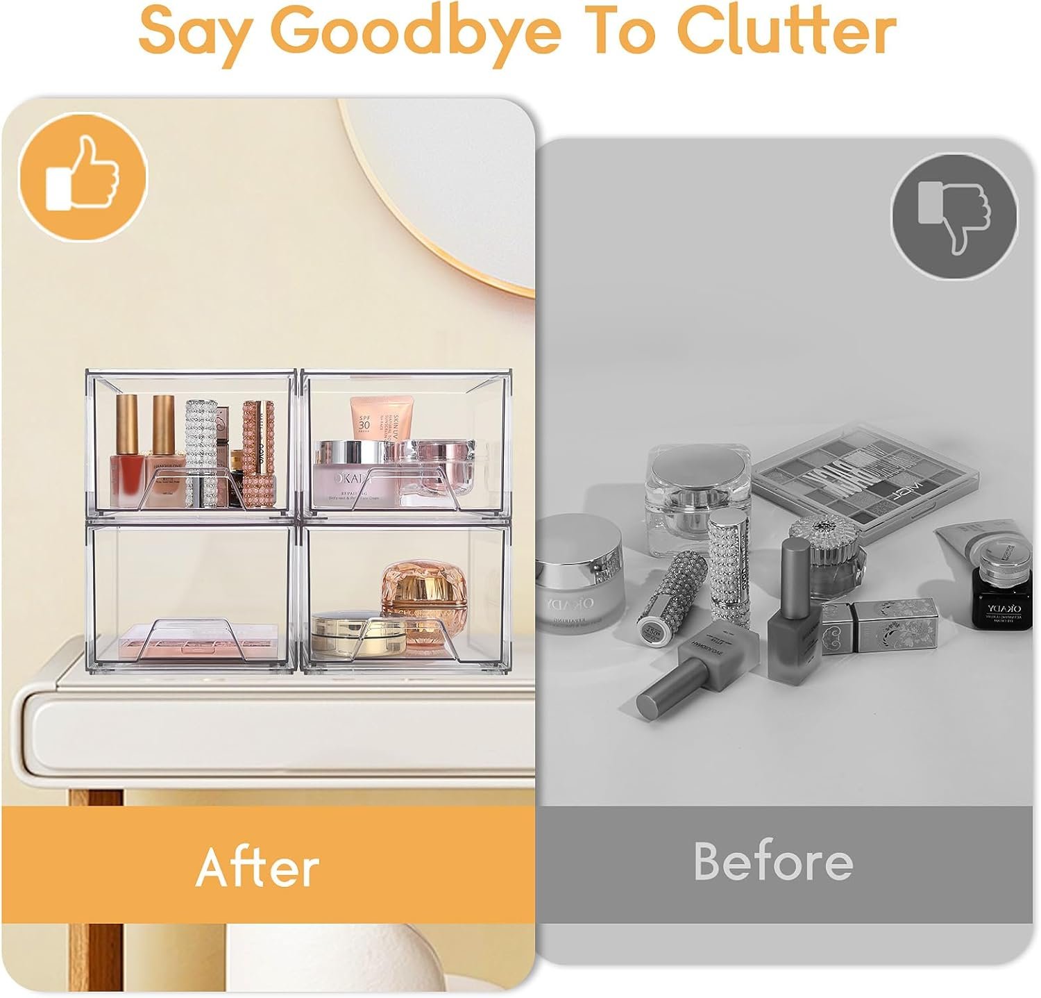 factory direct 4 pack stackable makeup organizer, acrylic bathroom organizer and storage drawers, clear plastic drawer storage bins for vanity, undersink, cabinets, pantry oem/odm services