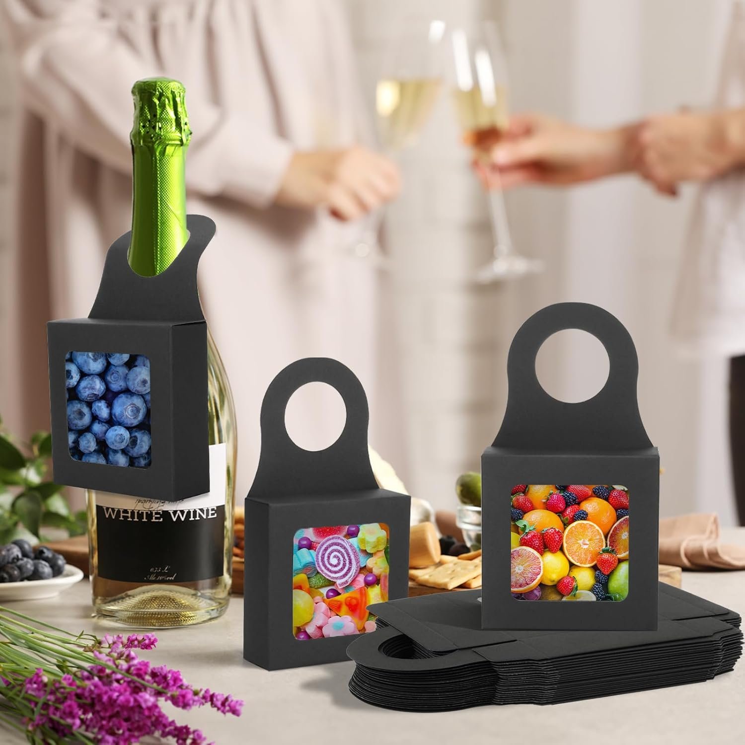 manufacturer direct sayaya 36 pcs kraft paper wine bottle box with window empty wine bottles for decoration hanging foldable gift wine boxes holds truffles clear treat boxes chocolate covered strawberries boxes (black) supplier direct