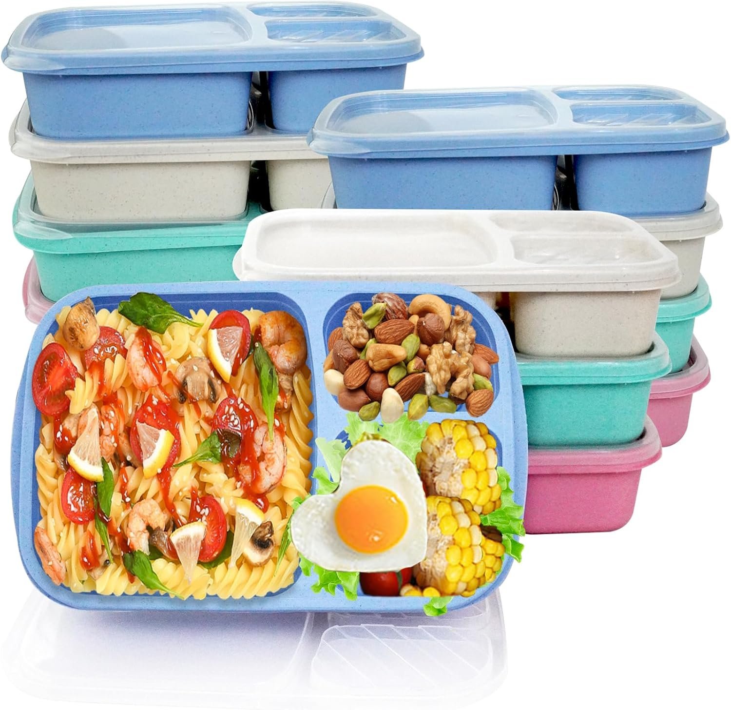 factory price 12 pack bento box, 3 compartment lunch box containers, wheat straw reusable food storage containers, freezer microwave and dishwasher safe snack containers for work school and travel volume discount