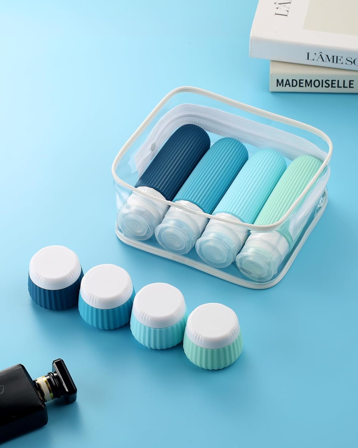 factory direct travel bottles for toiletries 8 pack, tsa approved travel size toiletries 3 oz, travel containers for toiletries, with clear bag, leak proof silicone squeezable travel essentials creams jars oem/odm services