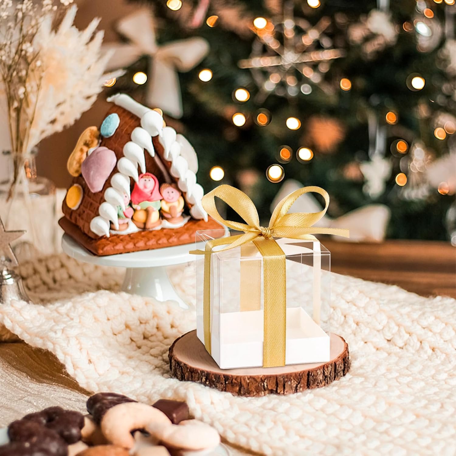 manufacturer direct hxezoc 50 pack favor boxes 2x2x2 inches clear candy treat boxes with gold ribbons, mini plastic gift boxes for wedding, birthday party, baby shower, classroom decoration supplies supplier direct