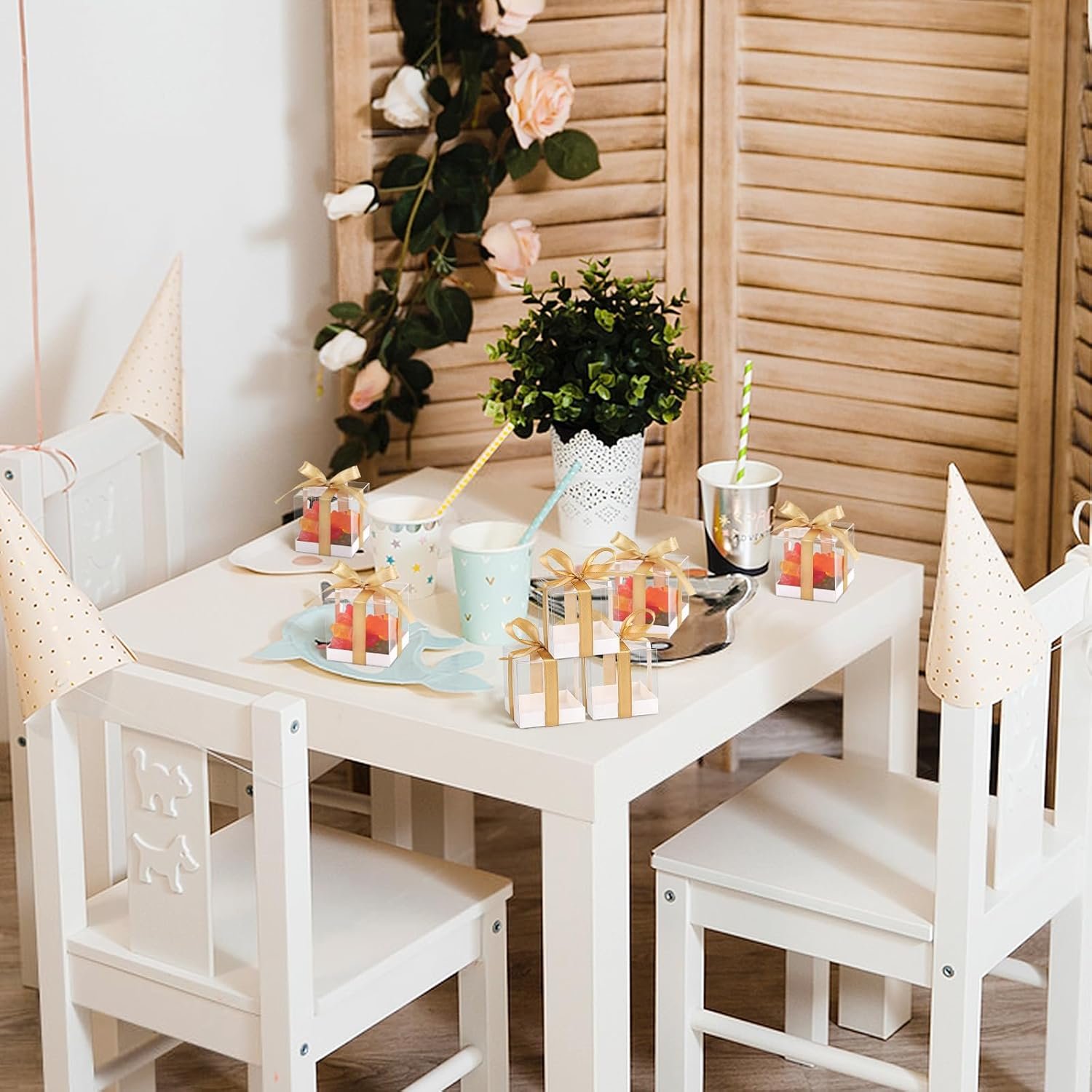 manufacturer direct hxezoc 50 pack favor boxes 2x2x2 inches clear candy treat boxes with gold ribbons, mini plastic gift boxes for wedding, birthday party, baby shower, classroom decoration supplies supplier direct