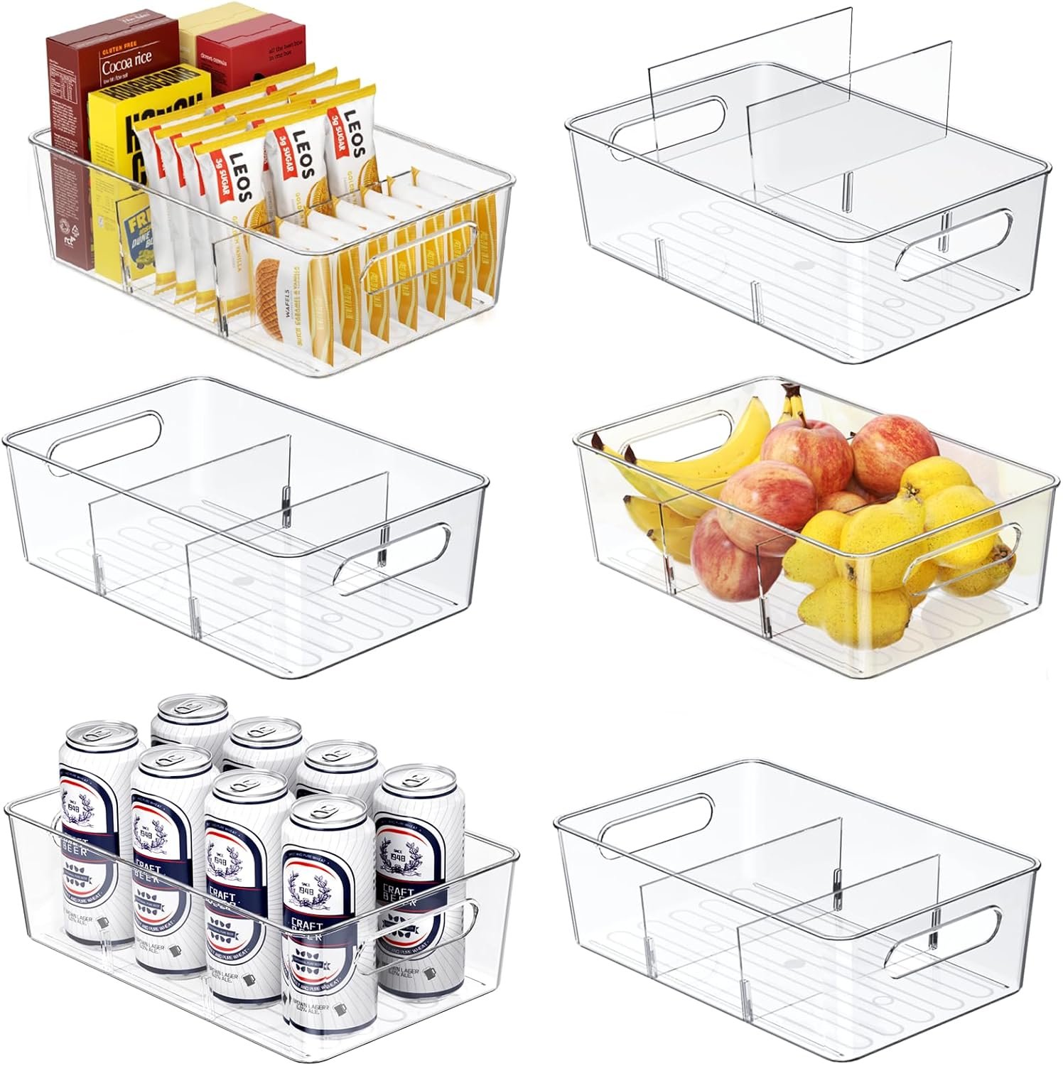 factory direct pantry organizers and storage bins, 6 pack clear plastic storage bins with divider - kitchen organizer, fridge organizer, cabinet organizer, snack organizer, drawer organizer oem/odm services