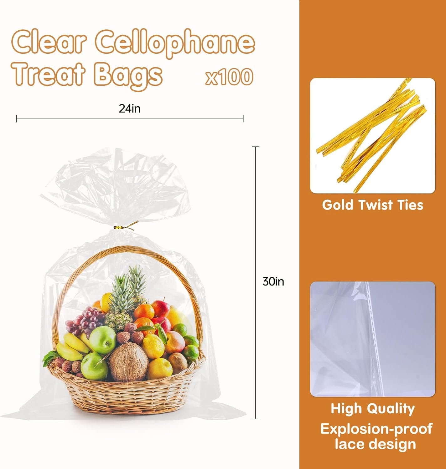 manufacturer direct wocuz cellophane bags clear gifts presents basket bags with metallic twist ties for bridal showers wedding birthday party gift wrapping (24x30 inch, 10pcs) supplier direct