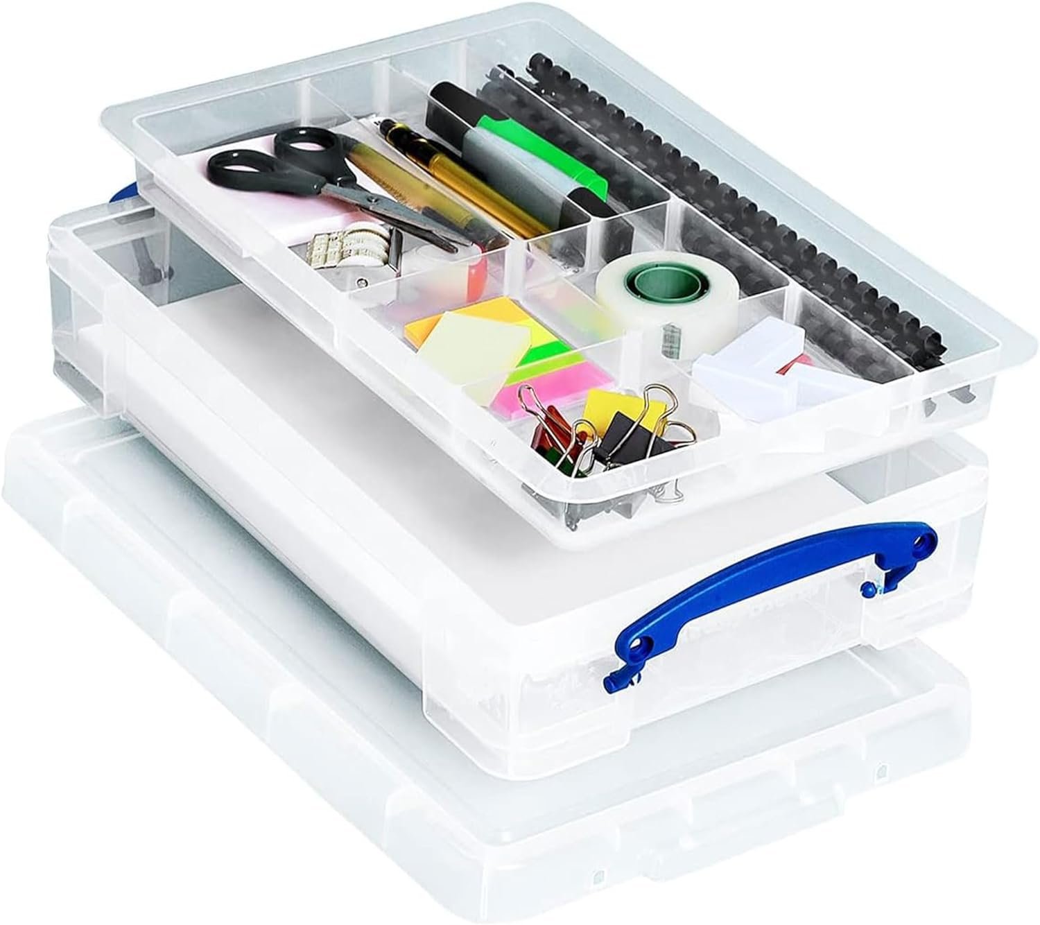 factory price really useful box 4c plastic stackable storage container with snap lid and built in clip lock handles for home and office organization, clear volume discount