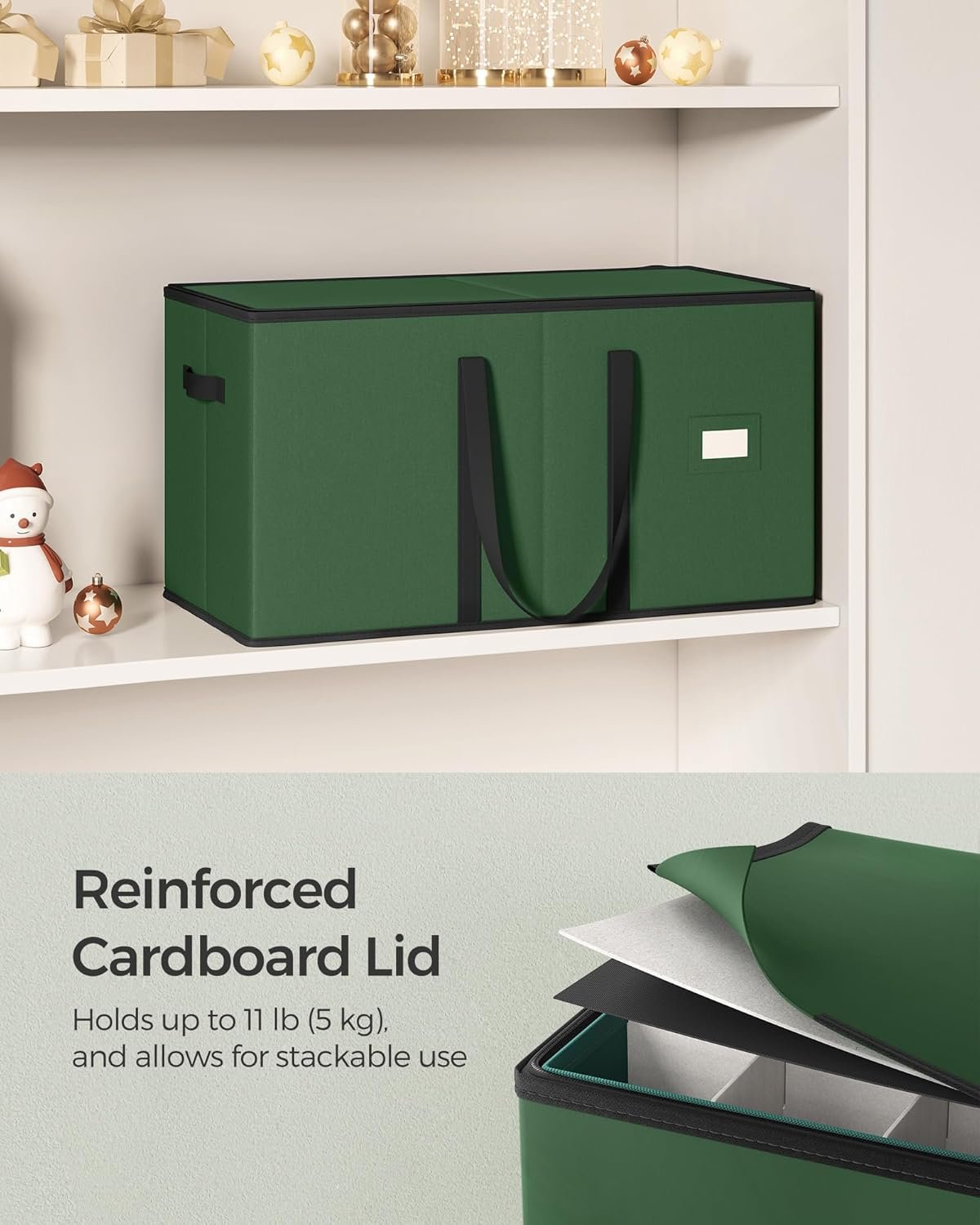 factory price songmics large christmas ornament storage box, dual zippers, stackable christmas storage container with lid, 8 trays, 600d oxford, 3-inch 128 slots, forest green urfb035c01 volume discount