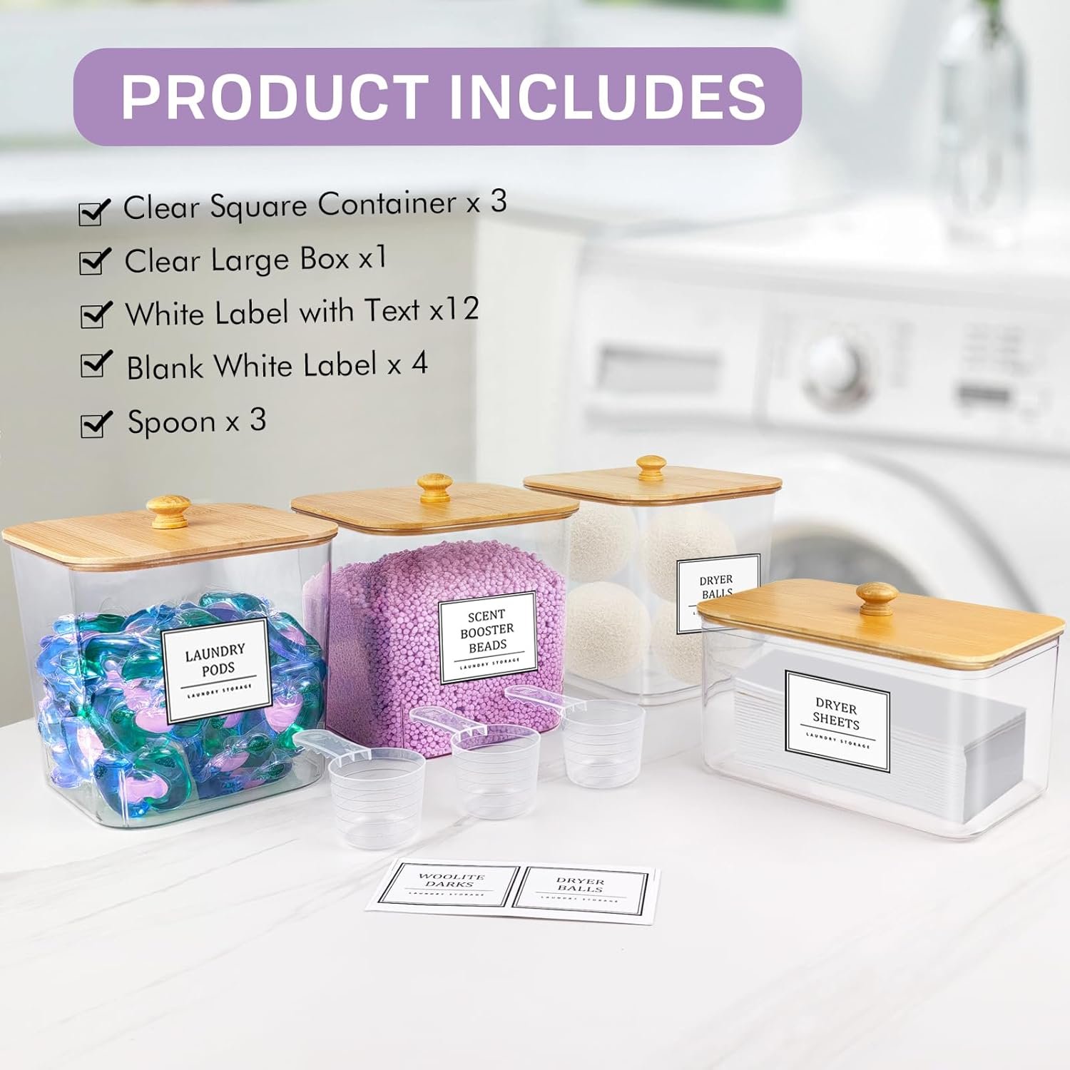 factory direct 3+1 pack laundry pods container,clear laundry room organization containers,large laundry detergent powder storage containers with bamboo lids & labels,laundry pods holder for scent booster,powder,pods oem/odm services