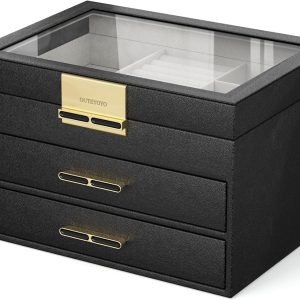 buy in bulk jewelry organizer with glass lid, 3-layer jewelry box, 2 drawers, for big and small jewelry, earrings, rings, necklaces - ideal gift for women and girls, midnight black (model a2307bk) source from factory