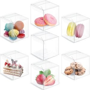 manufacturer direct paypie 45 pack clear favor boxes 3x3x3 inches with ribbons, clear plastic cube candy boxes party favor treat boxes for birthday wedding shower party decorations supplier direct