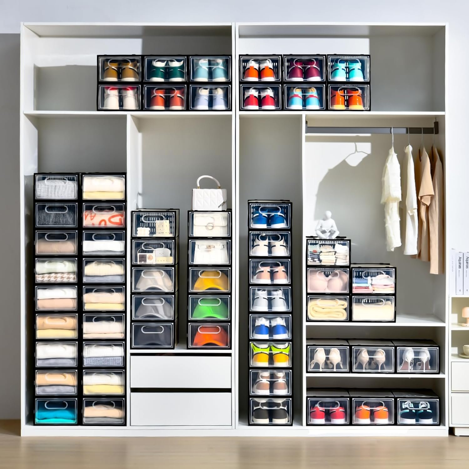 factory direct clemate 15 pack shoe storage boxes, clear plastic stackable shoe organizer for closet, shoe box with magnetic door, foldable shoe storage bin, sneaker storage box shoe rack container holder oem/odm services