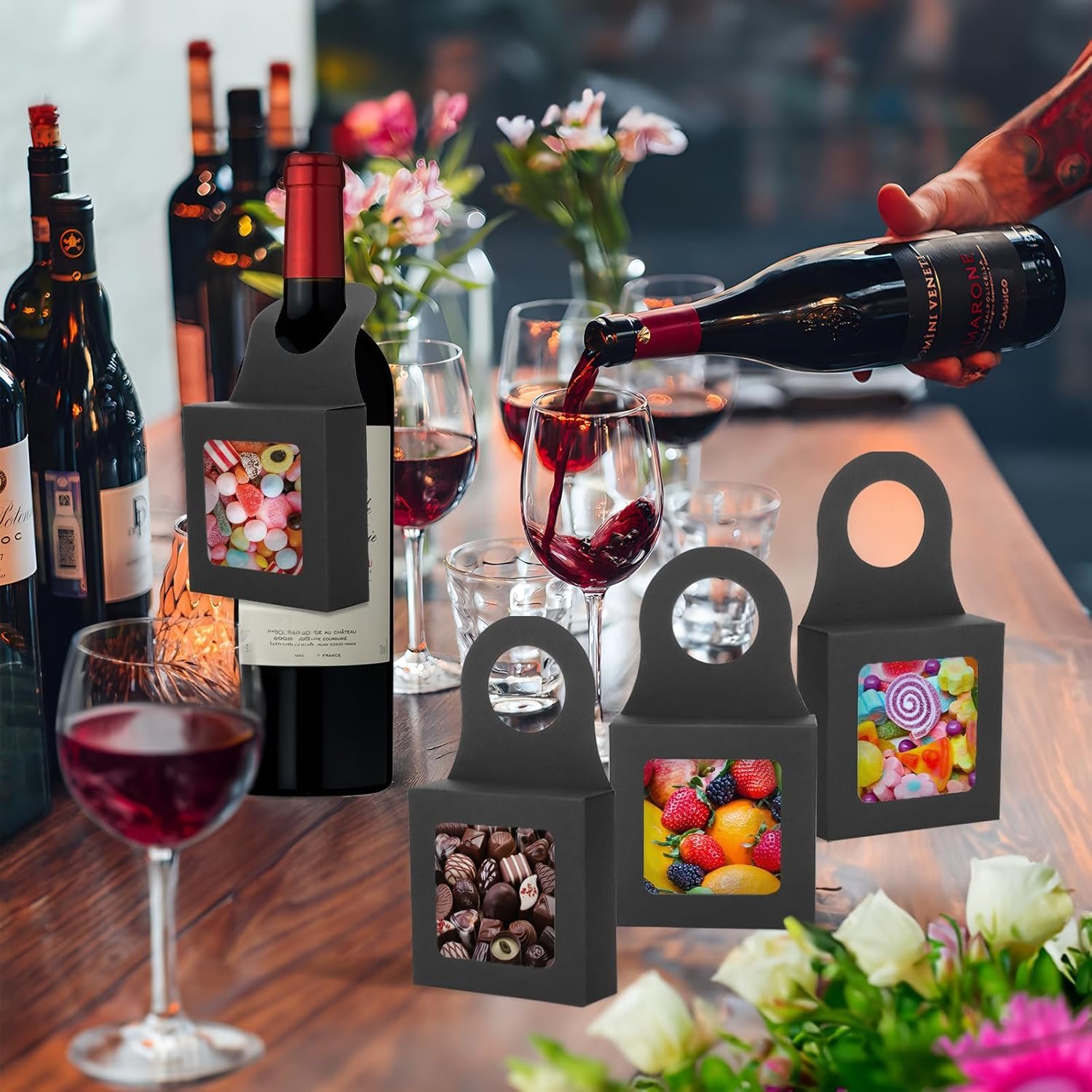 manufacturer direct sayaya 36 pcs kraft paper wine bottle box with window empty wine bottles for decoration hanging foldable gift wine boxes holds truffles clear treat boxes chocolate covered strawberries boxes (black) supplier direct