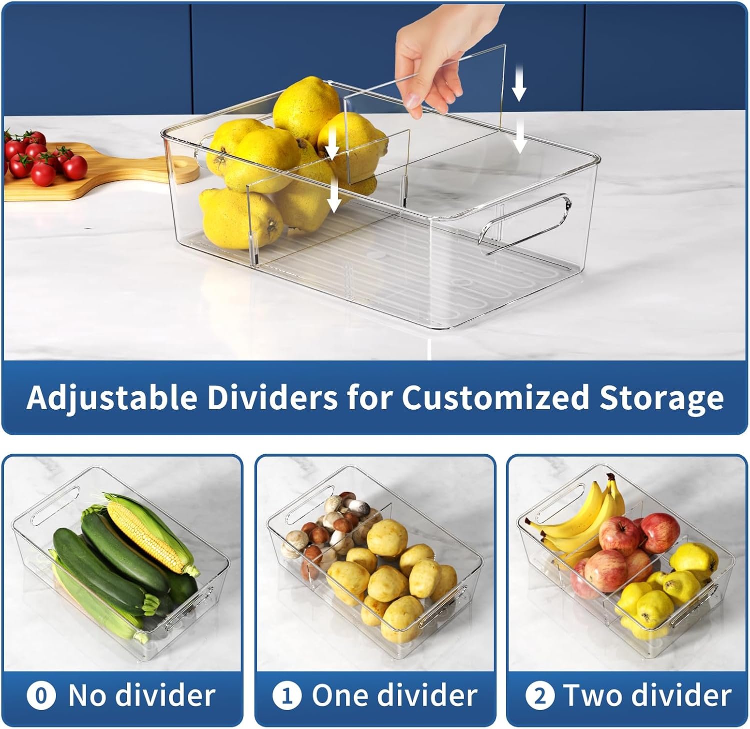 factory direct pantry organizers and storage bins, 6 pack clear plastic storage bins with divider - kitchen organizer, fridge organizer, cabinet organizer, snack organizer, drawer organizer oem/odm services