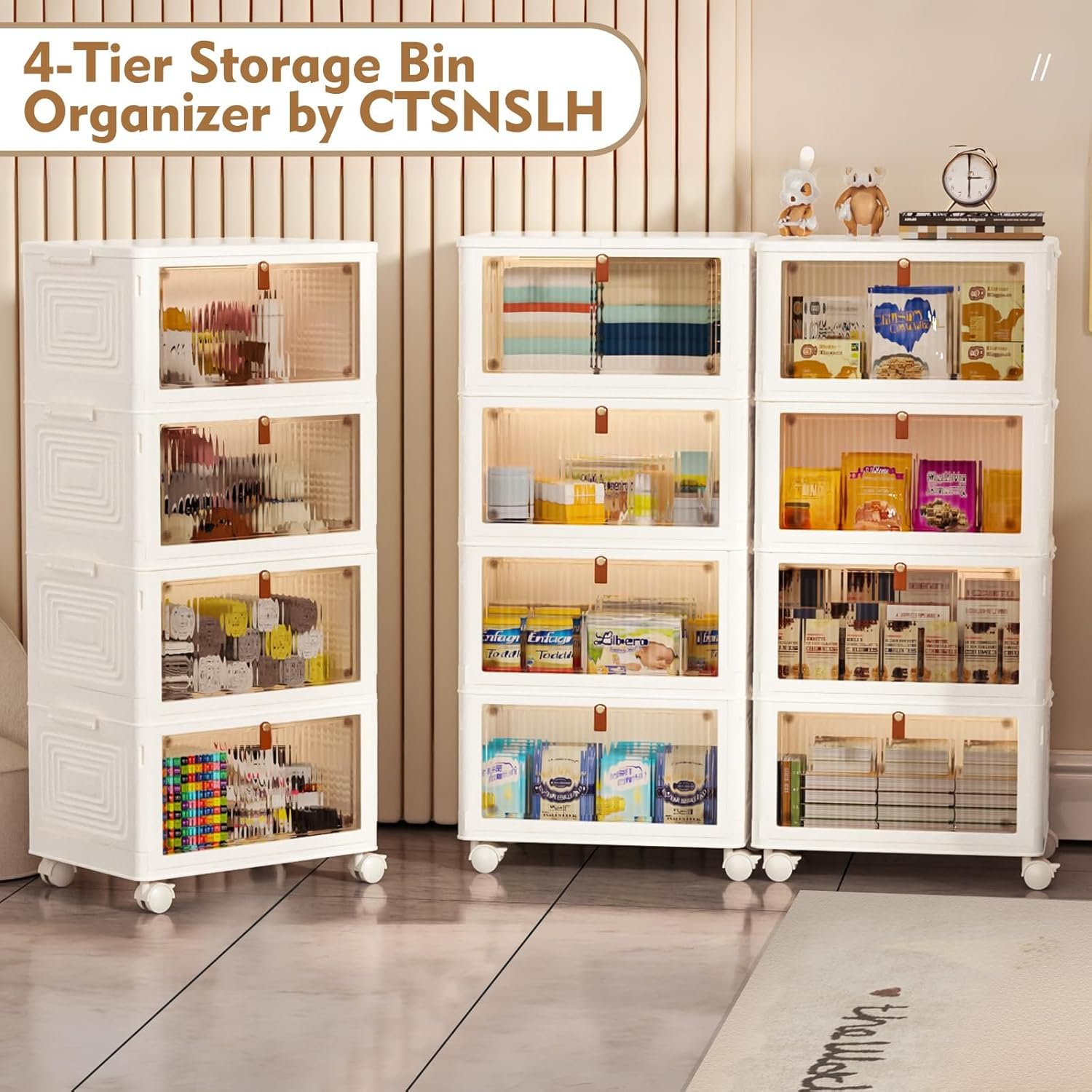 factory price 4 tier stackable storage bins with lids, 23qt plastic storage containers with magnetic doors & wheels, convenient storage bins closet organizers, household organization for home, party, office, dorm volume discount