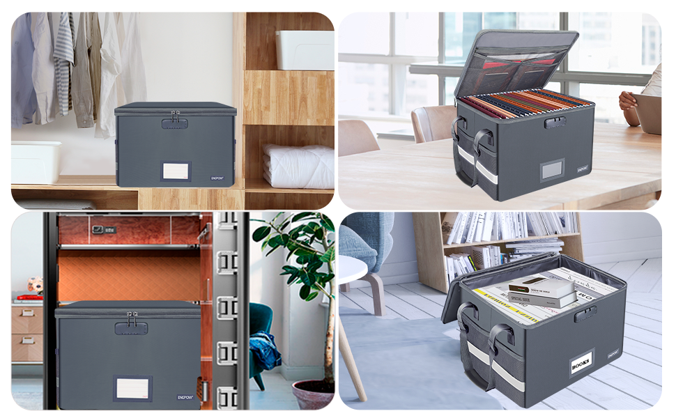 factory price engpow file box with lock, fireproof document box with zipper lid,collapsible file organizer storage box filing box with handle,portable home office safe box for hanging letter/legal folder,grey volume discount