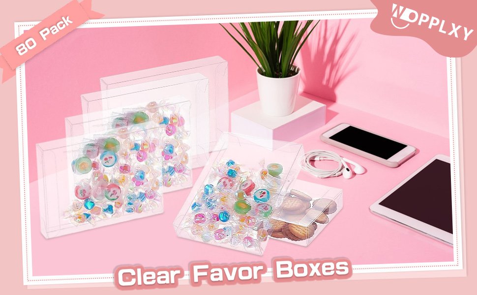 manufacturer direct wopplxy 80 pcs clear favor boxes, 5 x 4 x 1.2 inch clear cookie boxes, rectangle pvc transparent gift boxes, clear treat boxes for packaging dessert, candy,wedding party supplies, valentine's gift supplier direct