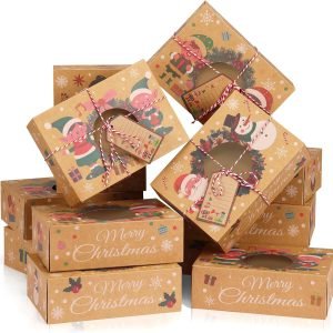 trade price moretoes 24pcs christmas cookie boxes for gift giving, 8.25 x 6 x 2.75 inch bakery boxes with window, christmas treat boxes for pastries, cupcakes, brownies, gift-giving, doughnut and cookie wholesale supplier