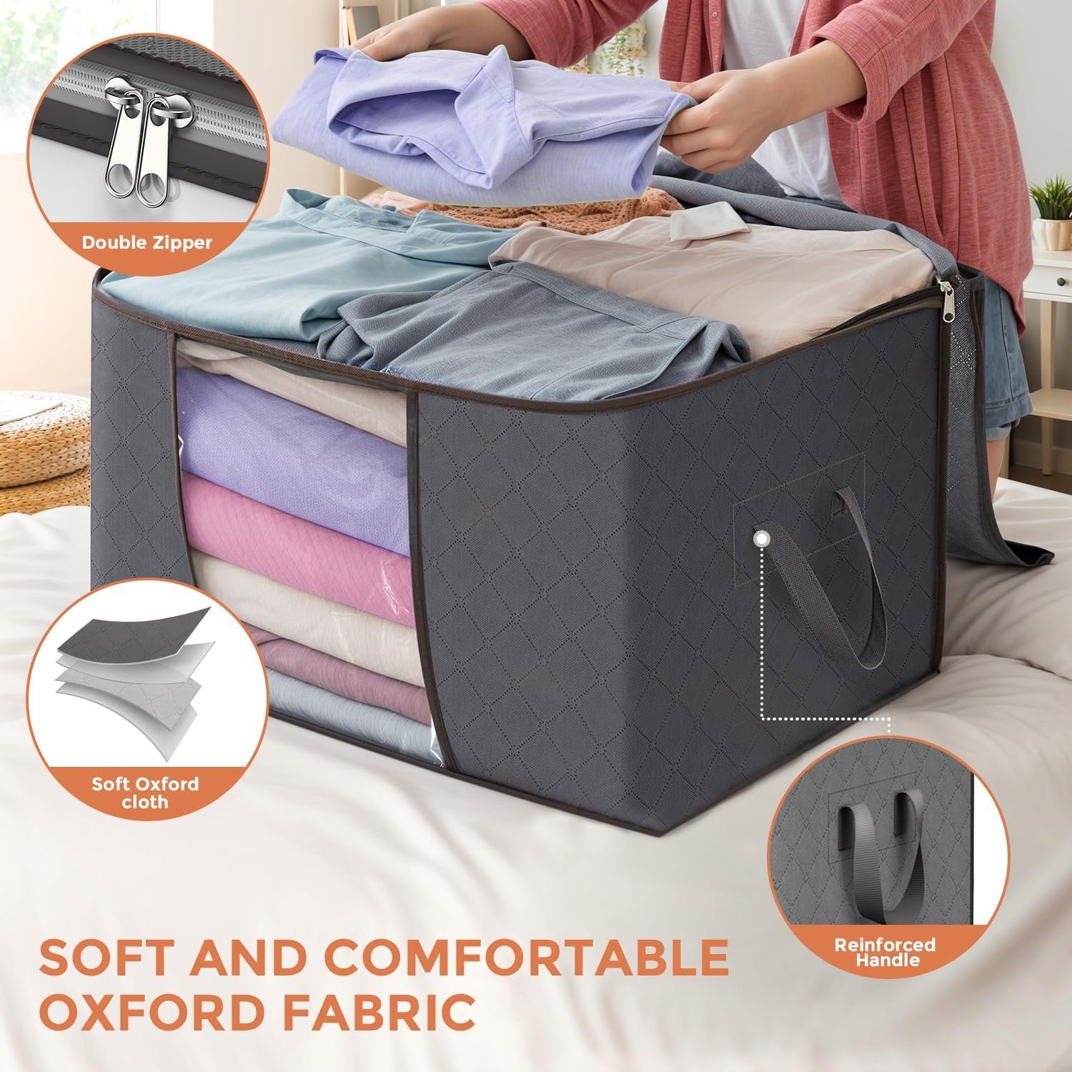 factory direct 90 l large storage bags, 6 pack clothes storage bins foldable closet organizers storage containers with reinforced handle for clothing, blanket, comforters, bed sheets, pillows and toys (gray) oem/odm services
