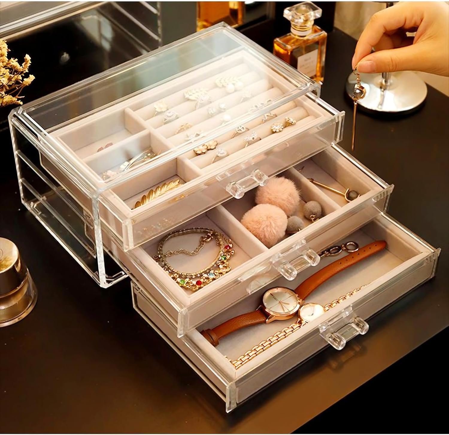buy in bulk clear acrylic jewelry organizer with 3 drawers, acrylic jewelry box organizer can be stacked,acrylic earring organizer for storing earrings rings necklaces,clear acrylic jewelry box for women source from factory