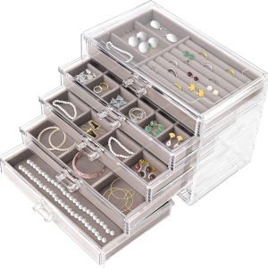 buy in bulk acrylic jewelry organizer, earring holder organizer, earring jewelry box for jewelry storage and display gift for women(grey with 5 drawers) source from factory