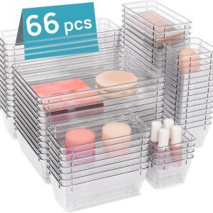 factory direct vtopmart 66 pcs clear plastic drawer organizers bins, 4-size versatile bathroom and vanity organizer trays, non-slip storage containers for makeup, jewelries, bedroom，kitchen utensils and office oem/odm services