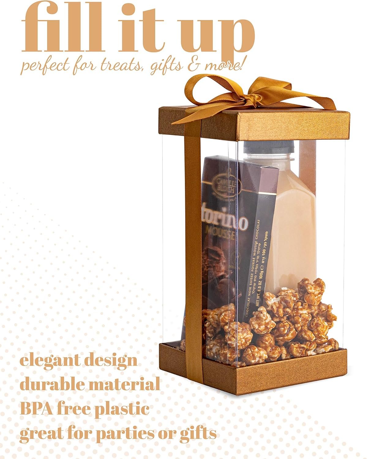 trade price hammont clear gift box - 6 pack clear boxes for gifts, cakes, cookies, & party favors - boxes with base, lid & ribbon - versatile clear cake box solution (8"x4"x4" (gold)) wholesale supplier