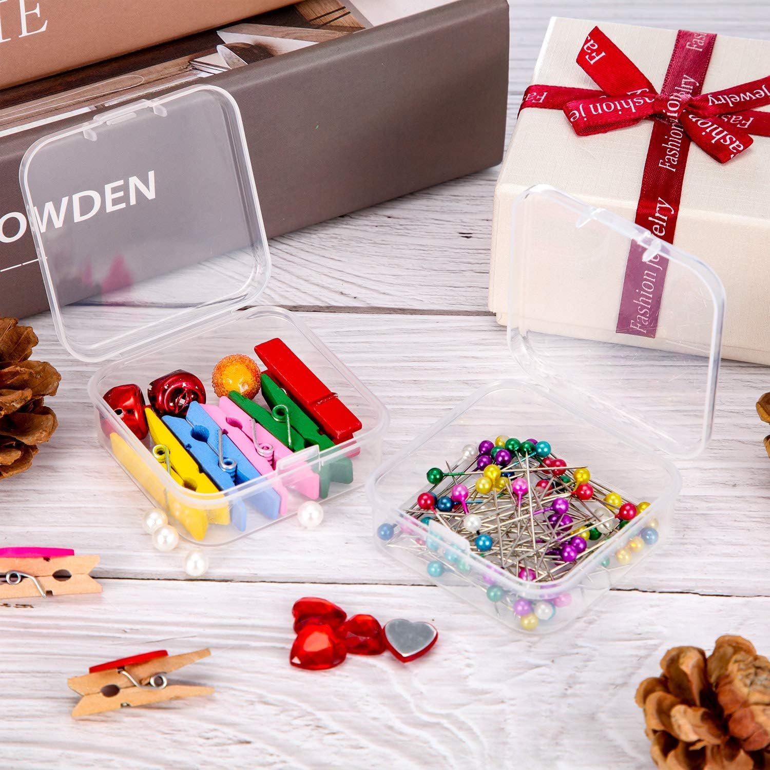 factory price satinior 24 packs small clear plastic beads storage containers box with hinged lid for storage of small items, crafts, jewelry, hardware, 2.12 x 2.12 x 0.79 in volume discount