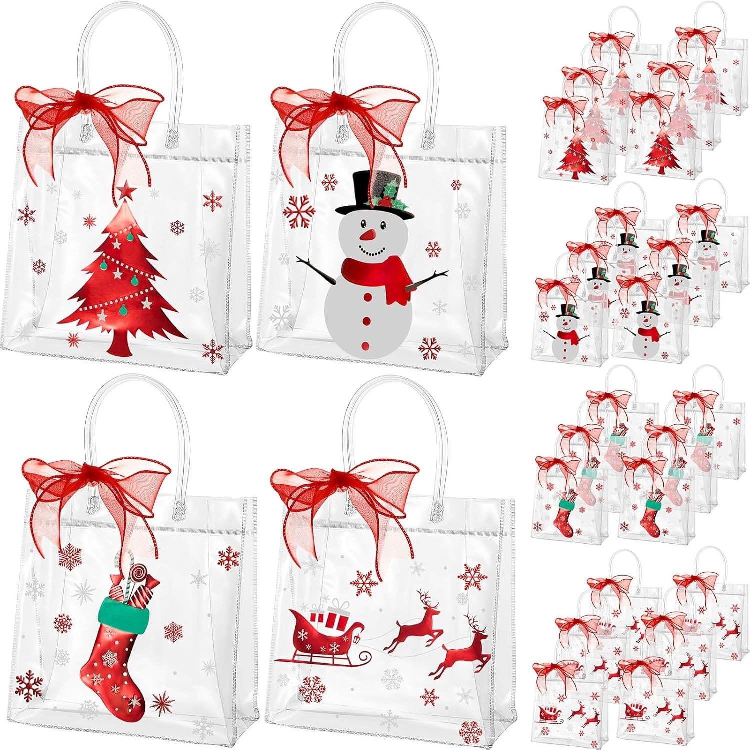trade price henoyso 24 pcs christmas clear gift bags with handles plastic xmas candy treat bags with ribbon 7.8 x 7.8 x 3.1 pvc gift wrap totes for retail wedding birthday party favors(red) wholesale supplier