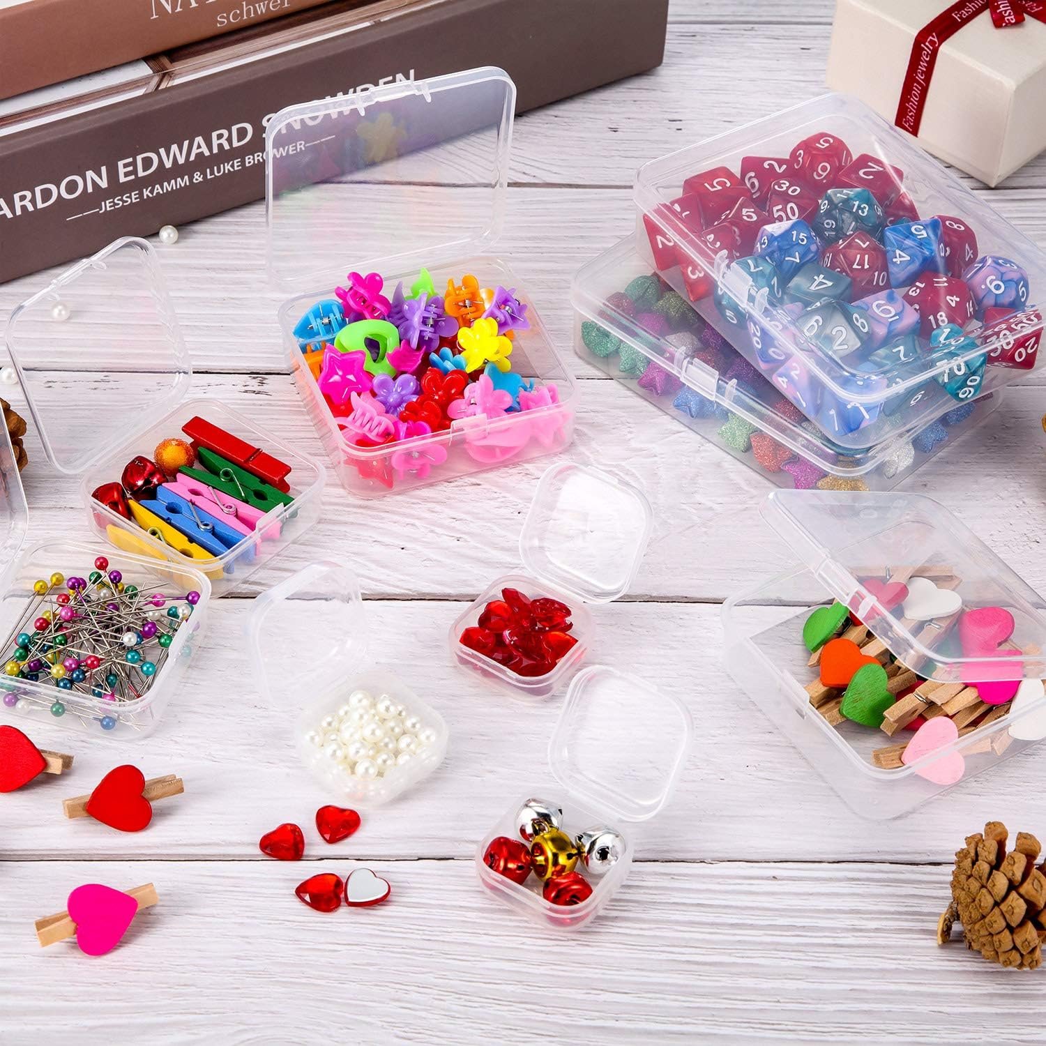 factory price satinior 24 packs small clear plastic beads storage containers box with hinged lid for storage of small items, crafts, jewelry, hardware, 2.12 x 2.12 x 0.79 in volume discount