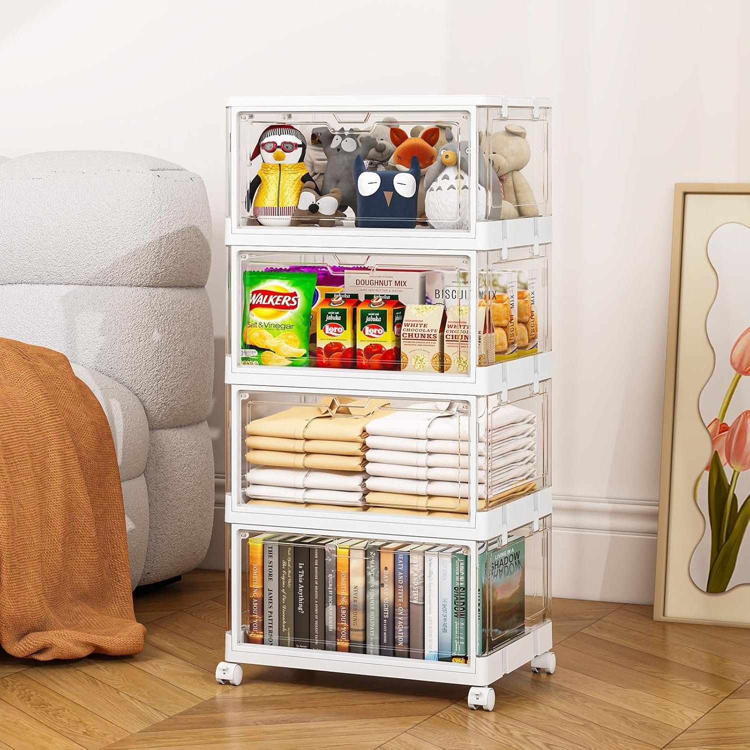 factory direct 4 tier plastic storage bins with lid 23qt, stackable storage containers with wheels, folding storage boxes, collapsible storage bins, closet organizers and storage for living room,office, clear oem/odm services